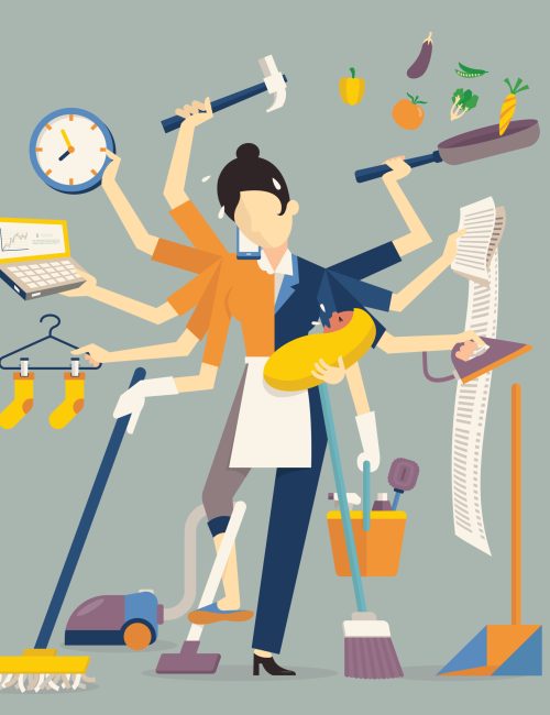Vector illustration in super mom concept, many hands working with very busy business and housework part, feeding baby, cleaning house, cooking, doing washing, working with laptop. Flat design.
